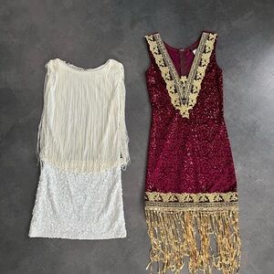 Women's Burgundy Sequin & Fringe V-Neck Cocktail Party/Costume Dresses